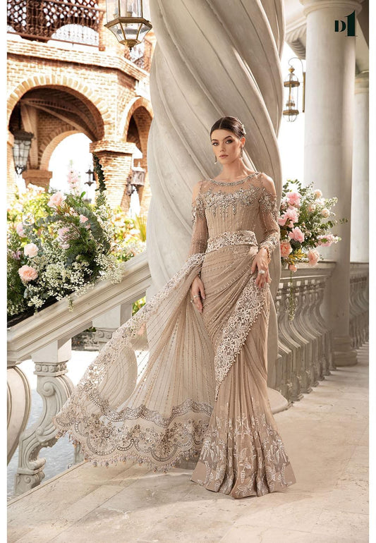 Maria B Exclusive Net Saree – Heavy Embroidered with Adda Work | 2024